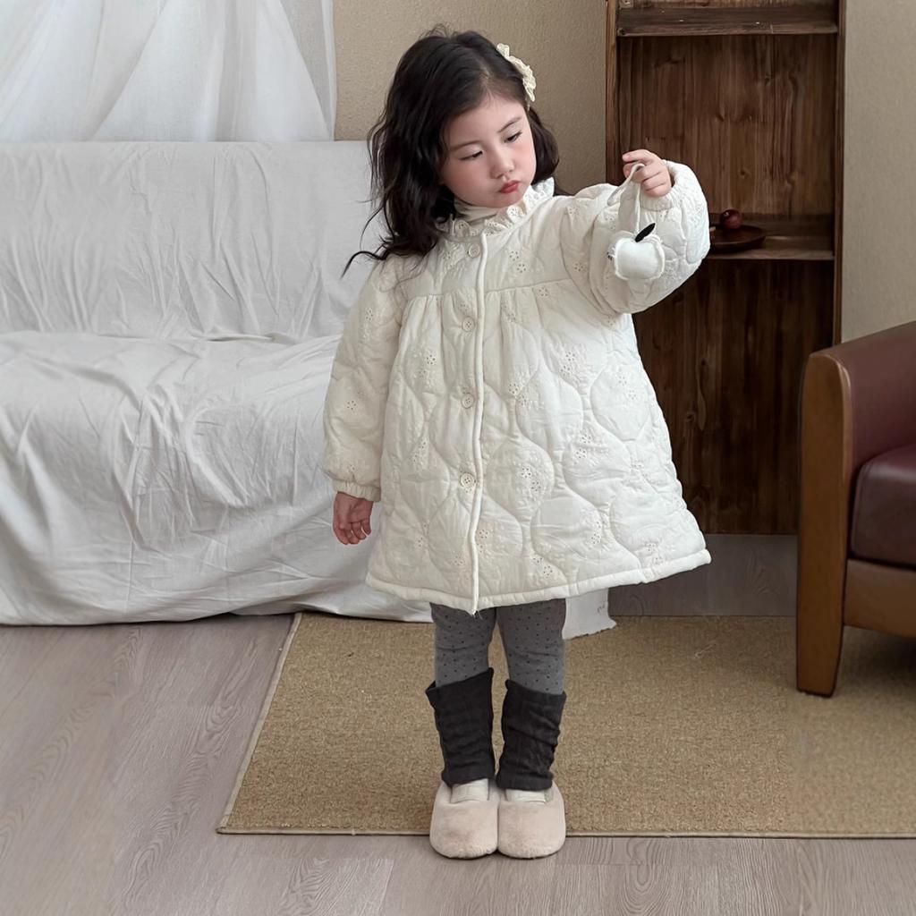 Winter New Children's Clothing Korean Style Children's Lace Embroidered Cotton Long Cotton Clothes Girls' Fleece-lined Lace Princess Cotton Coat