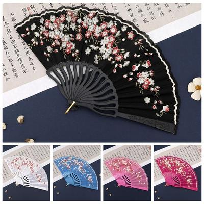 Chinese Style Plum Blossom Fan Cloth Dance Performance Props Antique Folding Fan Flower Pattern Home Decoration Hand Held Fan