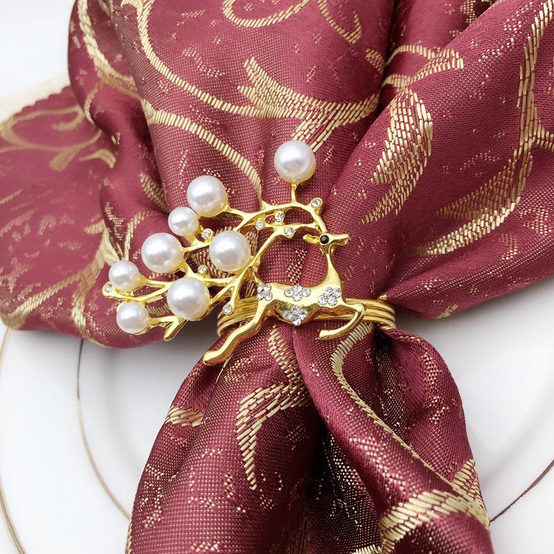 Christmas Fawn Napkin Ring, Metal Buckle Cloth Ring, Gold and Silver Pearl, Wedding Table Decoration, 12 PCs/Lot