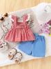 Summer Baby Girl Checkered Lace Trimmed Short Sleeve Two Piece Set with Bow and Mushroom Embroidery