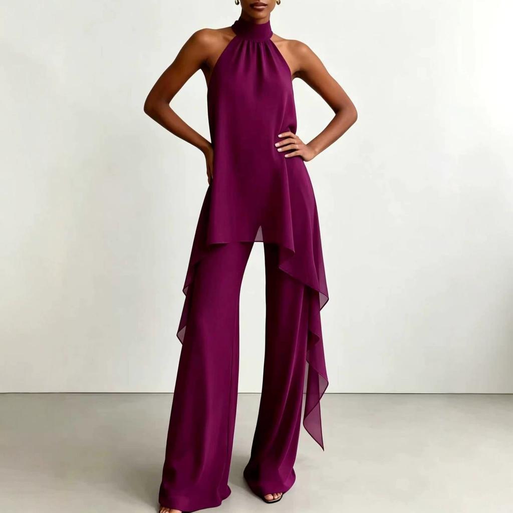 Cross-border special supply of European and American style neck off-the-shoulder chiffon top wide-leg pants set, temperament thin and drape two-piece 