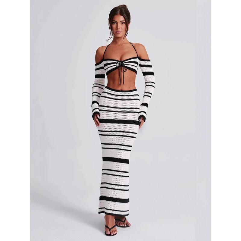 Long Sleeve Neck Hanging Dress Set Long Sleeves Halter Top Bodycon Dress Suit