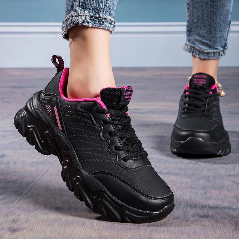 Sneakers Women Shoes Breathable Casual Flat Lace Up Black Chunky Sneakers Non-slip Walking Platform Shoes