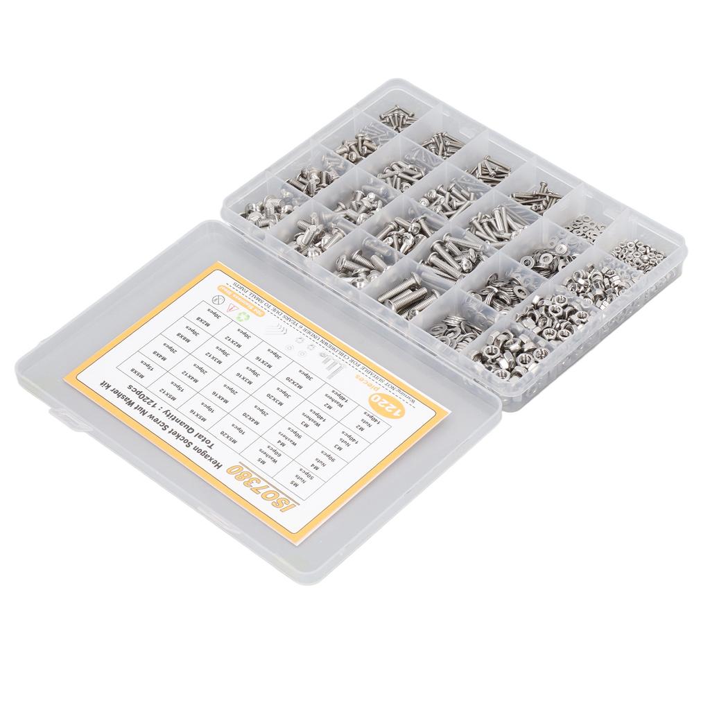 1220 Bucăți Kit Șuruburi cu Cap Hexagonal din Oțel Inoxidabil 304, Piulițe, Saibe, Rezistență Puternică la Uzură M2 M3 M4 M5
