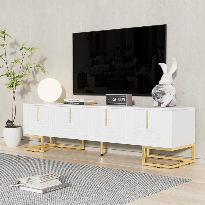 Meuble TV Elégant, Armoire Télé avec 4 Portes, Poignées et Pieds Dorés, Contemporain, Blanc, 170x40x45cm