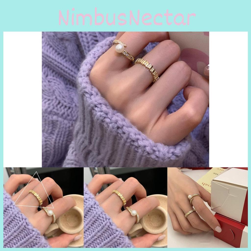 Stylish Ins Inspired Pearl And Crystal Adjustable Ring For Women In Trendy Geometric Style