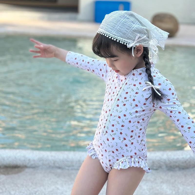 

Слитный купальник с длинным рукавом для девочки, с грибным кружевом и цветочным принтом, контроль животика, купальник для малышей M бежевый