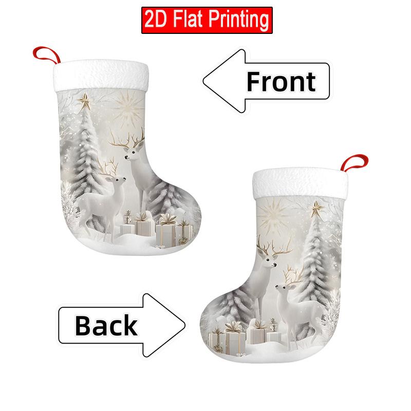 Christmas Decoration Fireplace Hanging Stocking1pc Elegant White & Golden Christmas Reindeer & Cedar Tree Stoc