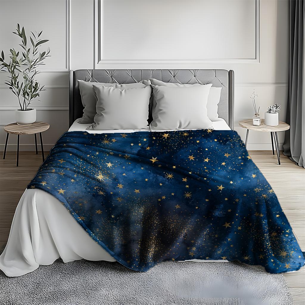 1pc Zeal Lily Flannel Blanket - Deep Blue Starry Night Sky with Golden Stars, Soft Warm All-Season Luxury Throw for Bed, Sofa