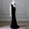 Black Evening Dress   New One-word Shoulder Light Luxury Niche Banquet Host Waist Fishtail Dress Dress