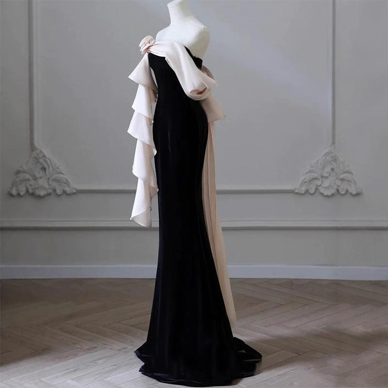 Black Evening Dress New One-word Shoulder Light Luxury Niche Banquet Host Waist Fishtail Dress Dress