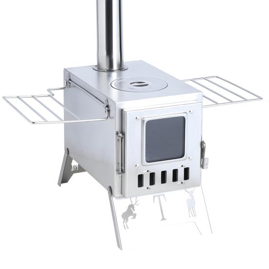 Wood Burning Stove with 5 Pipes Accessories, Visible Window Side Panels Heating Cooking Hot Tent Stove, Large Firebox Stainless Steel Stove for