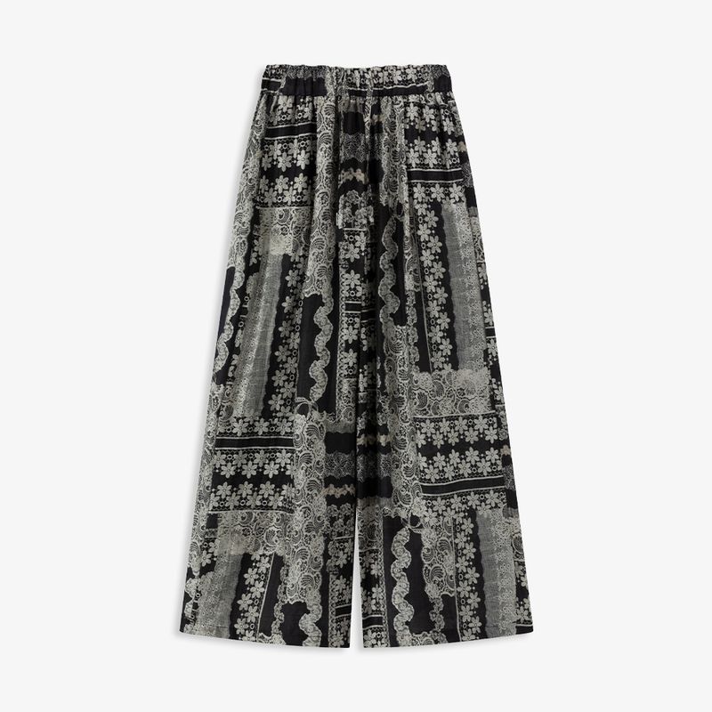 

Aozhi State Vacation Style Tencel Linen Retro Print Thin Elastic Waist Pull-Belt Loose Pants Female N