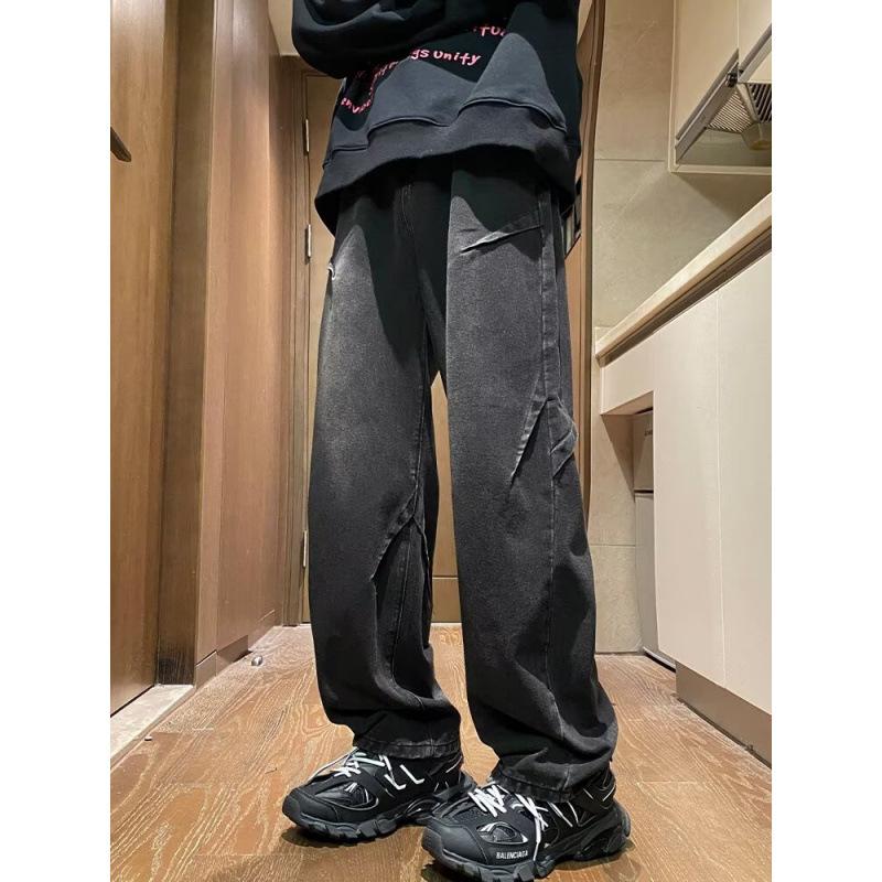 American high street ruffian handsome retro jeans men's spring and autumn trendy brand design sense loose straight wide leg trousers boys
