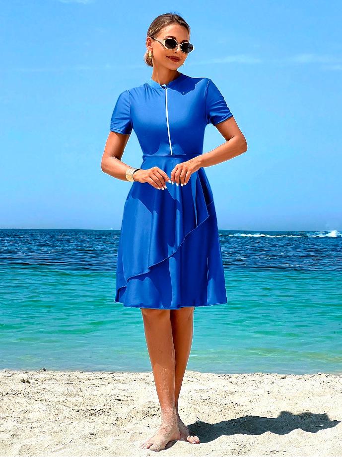 2026 Women s High Neck Short Sleeve Skirted Swimsuit - Conservative Style S