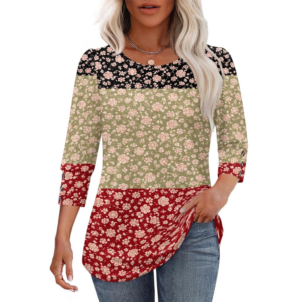 Damen Freizeit lockerer Schnitt Rundhalsausschnitt Oberteil Dreiviertelärm Blumenprint Leichte Bluse für den Alltag