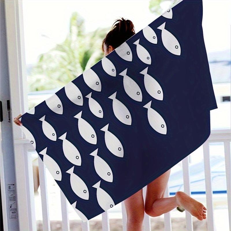 Blue White Fish Designs Beach Towel, Perfect for Sunny Days Beach Lounging Sunbathing