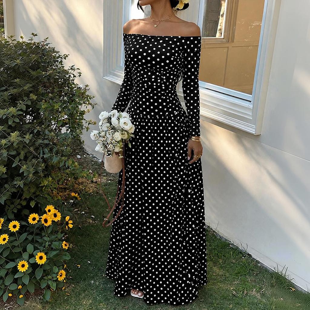 Women's Off-Shoulder Polka Dot Long Sleeve Dress with Waist-Cinching for Vacation