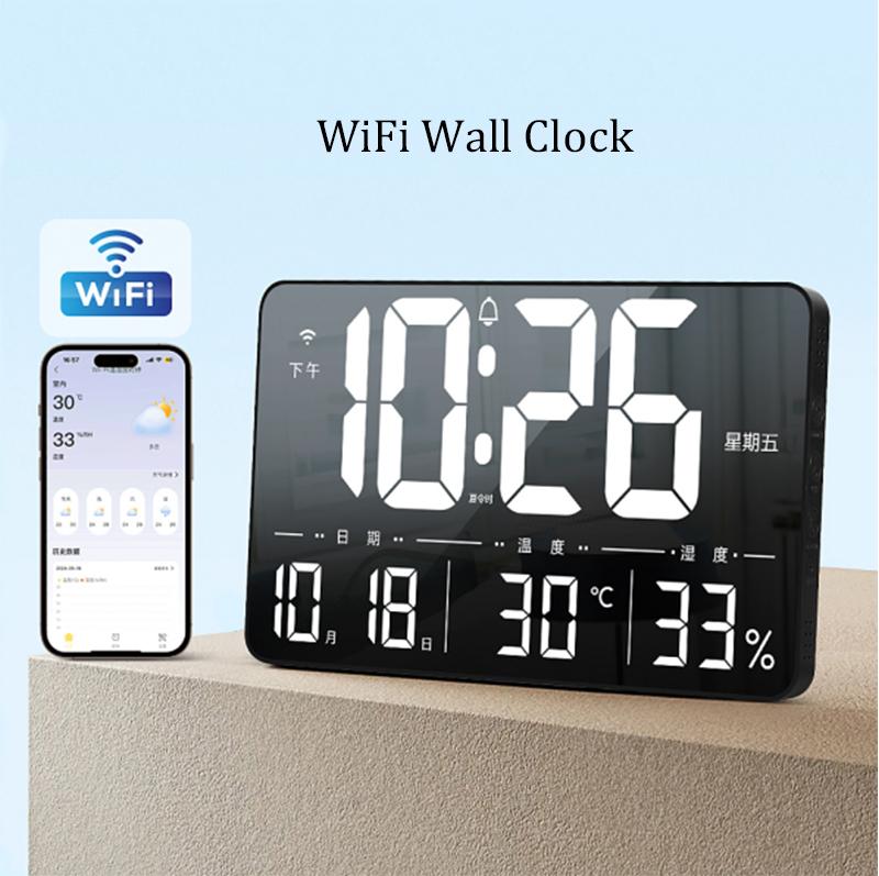 Large LED Wall Clock Mobile APP Operation Electrical Calendar Day Humidity Temperature Display 170° Full Viewing Alarm Clock