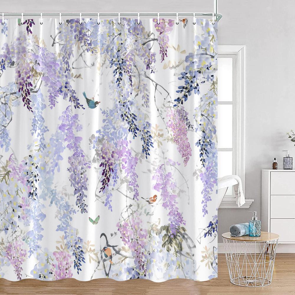 Floral Shower Curtain Colorful Flowers Birds Butterfly Botanical Green Leaves Bathroom Curtains Modern Bathtub Decor with Hooks