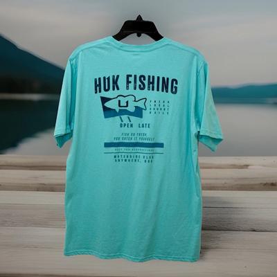 Huk Performance Fishing T-Shirt Gr. M Medium „Open Late“ Grafikdruck Grün