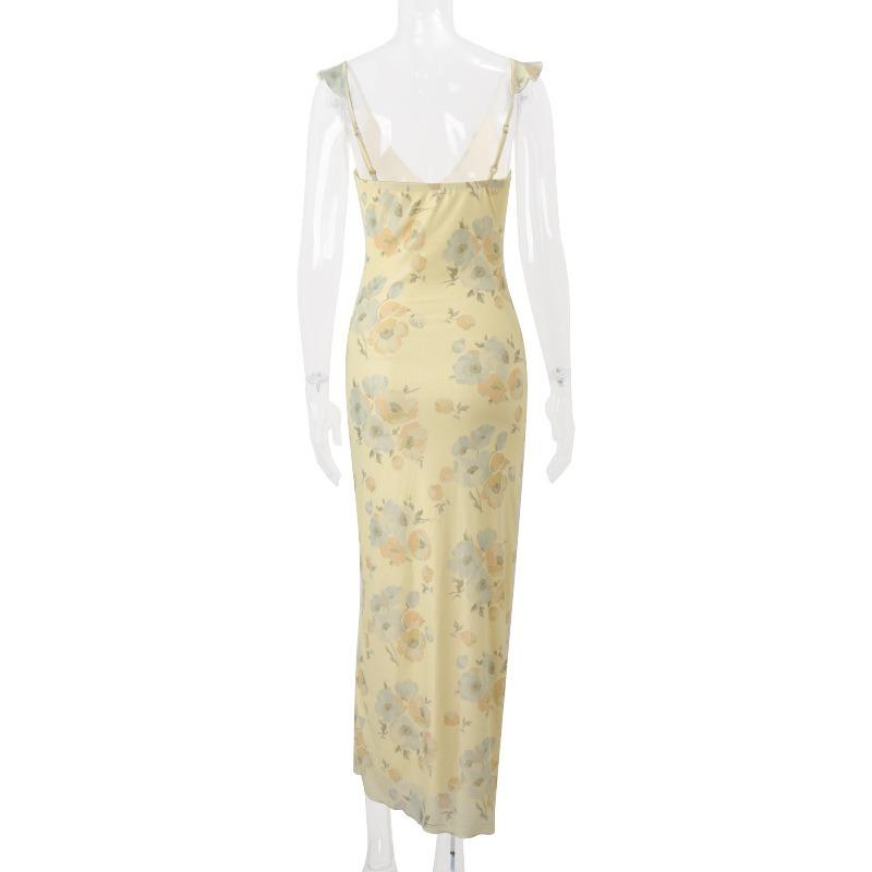 Abito Sospensorio Floreale Sexy alla Moda Scollo a V Basso Elegante Stile Vacanza Donna Pizzo Stringato Retro Slim Casual Abiti Lunghi da Festa Abbigliamento Femminile