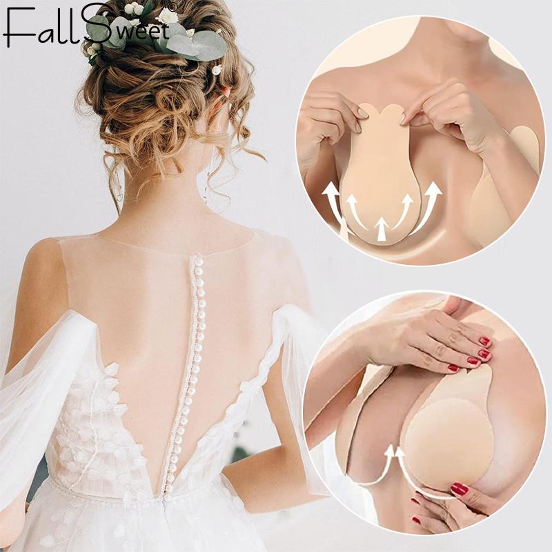 FallSweet 1 Pair Women's Invisible Adhesive Bras Bunny Nipple Covers Reusable Sticky Bra Self-Adhesive Silicone Push Up Bralette