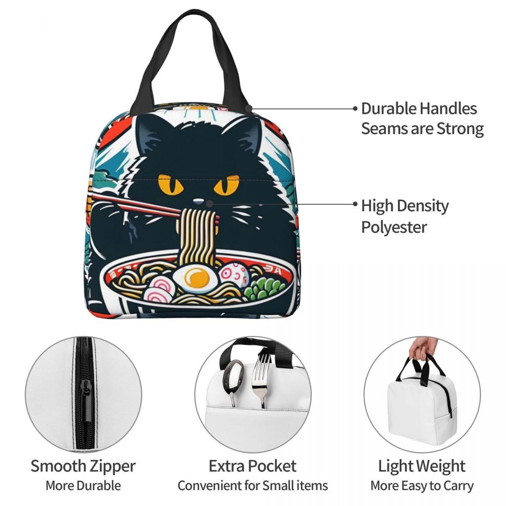 An Adorable Cat Relishing A Bowl Of Ramen Insulated Lunch Bag for Women Children Portable Food Boxes Thermal Lunch Box Tote