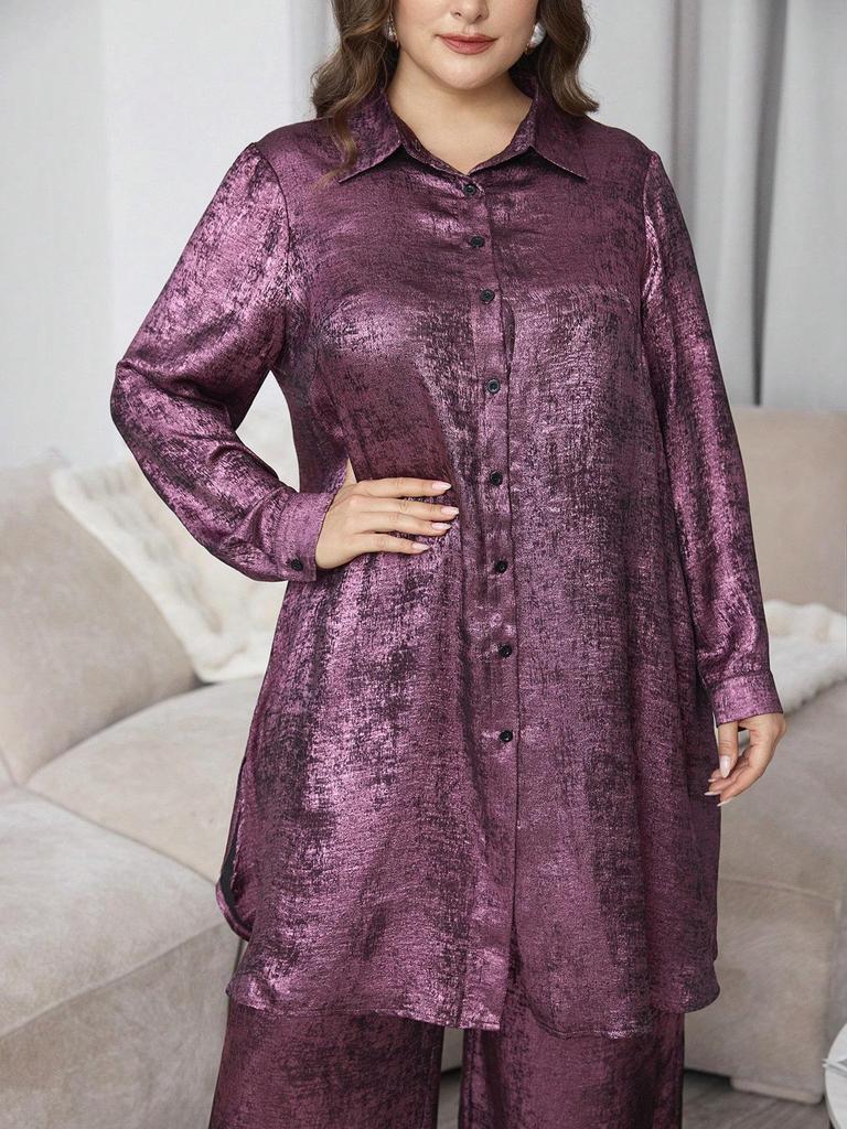 Auf Lager Elegantes Zweiteiliges Set für Damen in Übergrößen für Herbst/Winter: Freizeithemd & Weit geschnittene Hose