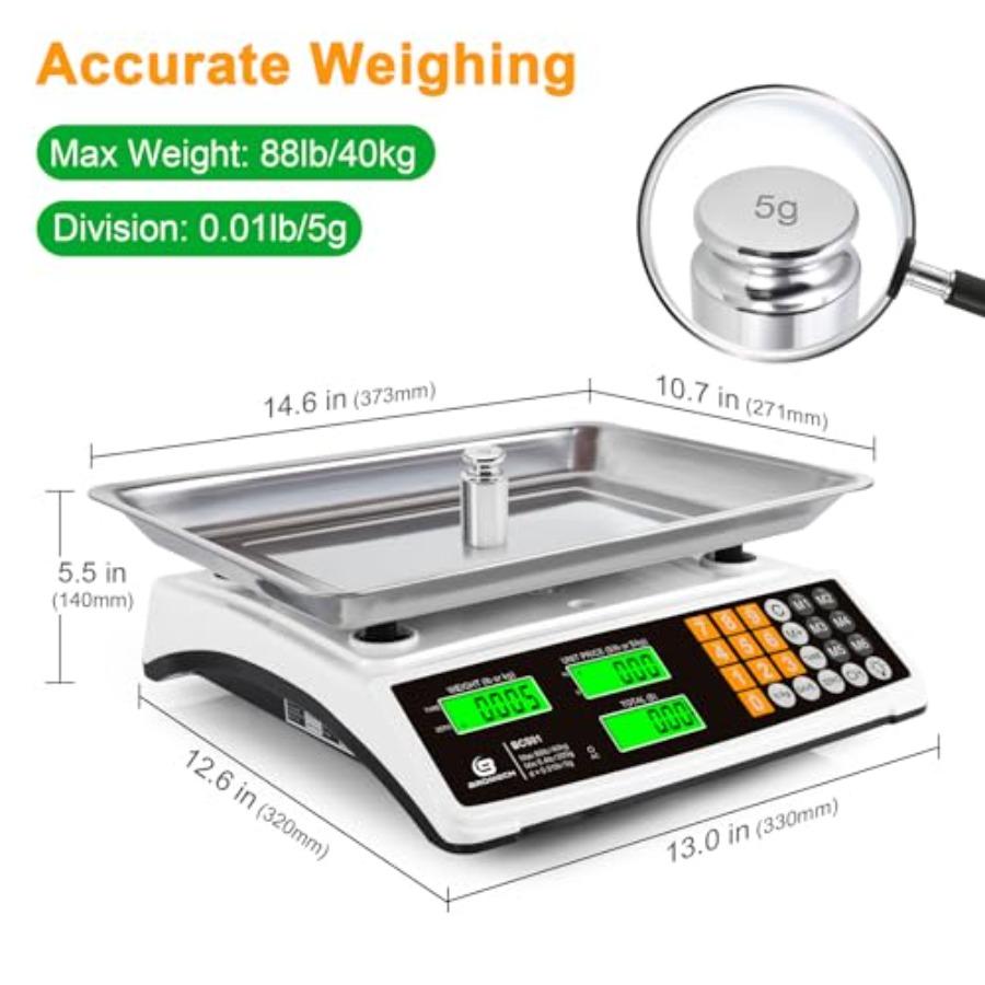 Price Computing Scale 88lb/40kg Commercial Food Scale for Produce Meat with Stainless Steel Large Platform LCD Display and Gree
