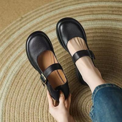 2025 Spring and Summer New Soft Leather Thick-soled Black Light Mouth Mary Jane Shoes Women's Thick Heel Muffin Bottom Round Head Soft Leather Si