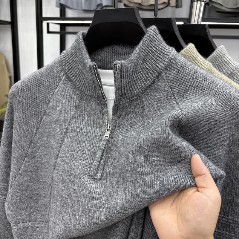 Men's Retro Jacquard Half-Zip Knit Sweater - Casual Solid Color Warm Base Layer