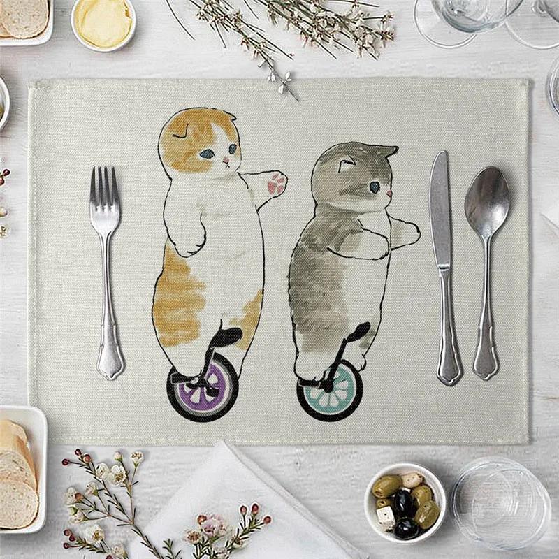 Mantel Individual Para Mesa de Comedor Lindo Gato Dibujo Animado Animal Estera Posavasos Creativo Estampado Resistente al Calor Accesorios de Cocina Comedor Almohadilla Caliente