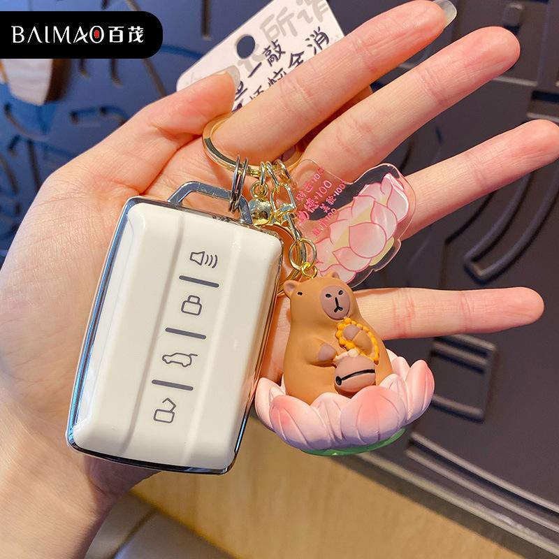 Original Buddhist good luck lotus series wooden fish panda keychain cute exquisite resin capybara keychain bag hanging