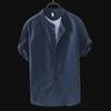 Men's Summer Casual Cotton-Linen Short Sleeve Stand Collar Shirt - Dark Blue Retro Chinese Style