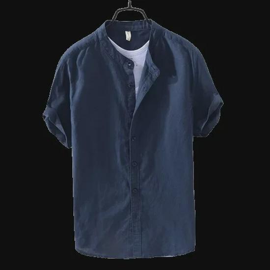 Men's Summer Casual Cotton-Linen Short Sleeve Stand Collar Shirt - Dark Blue Retro Chinese Style