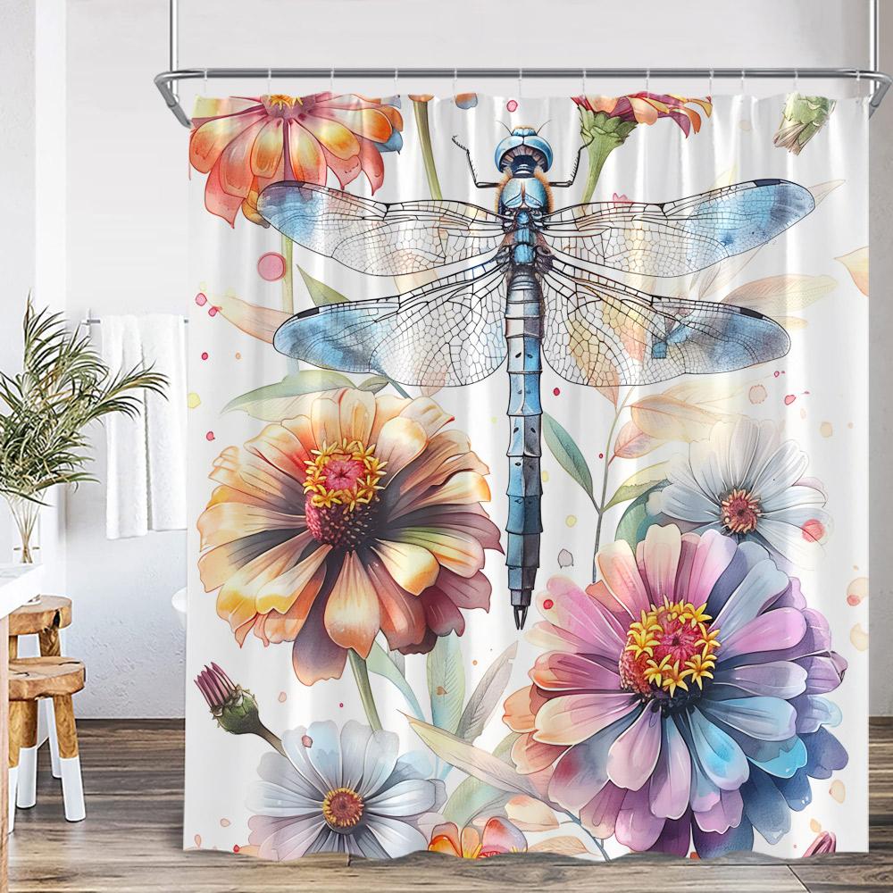 Dragonfly Floral Shower Curtain Insect Flower Wistera Plant Bathroom Decor Modern Polyester Bath Curtain With Hook With Hook