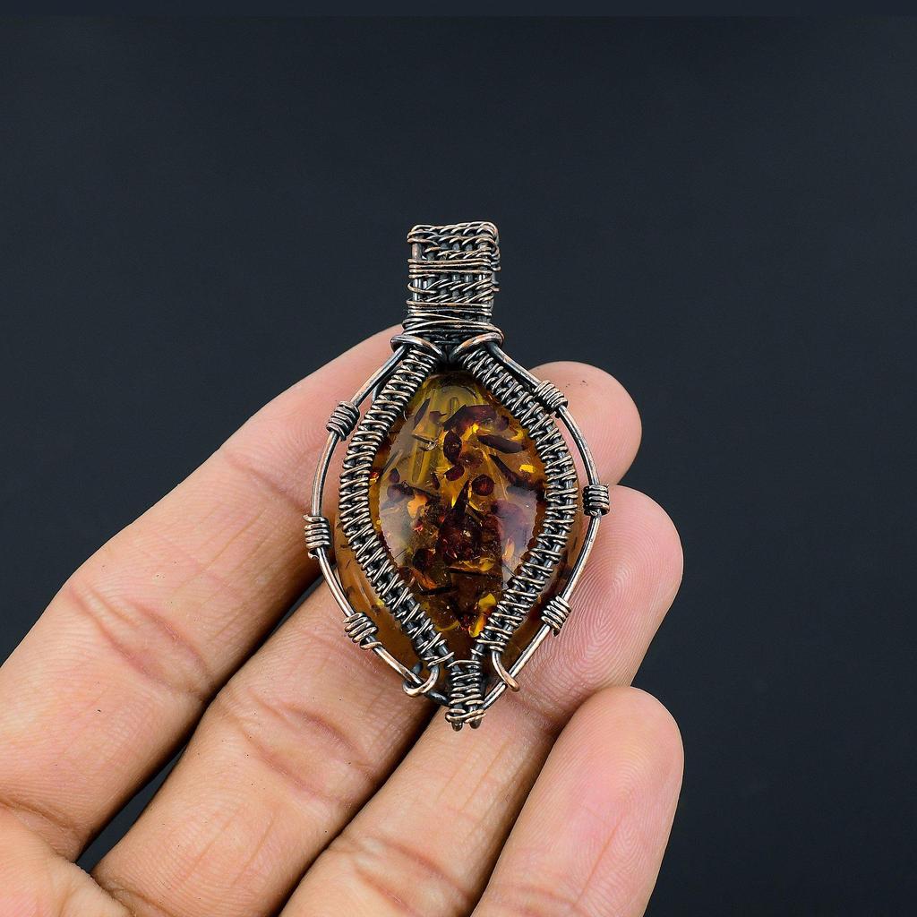 Baltic Amber Pendant, 999 Copper Wire Wrapped Gemstone Jewelry, Handmade Pendant For Mother Day
