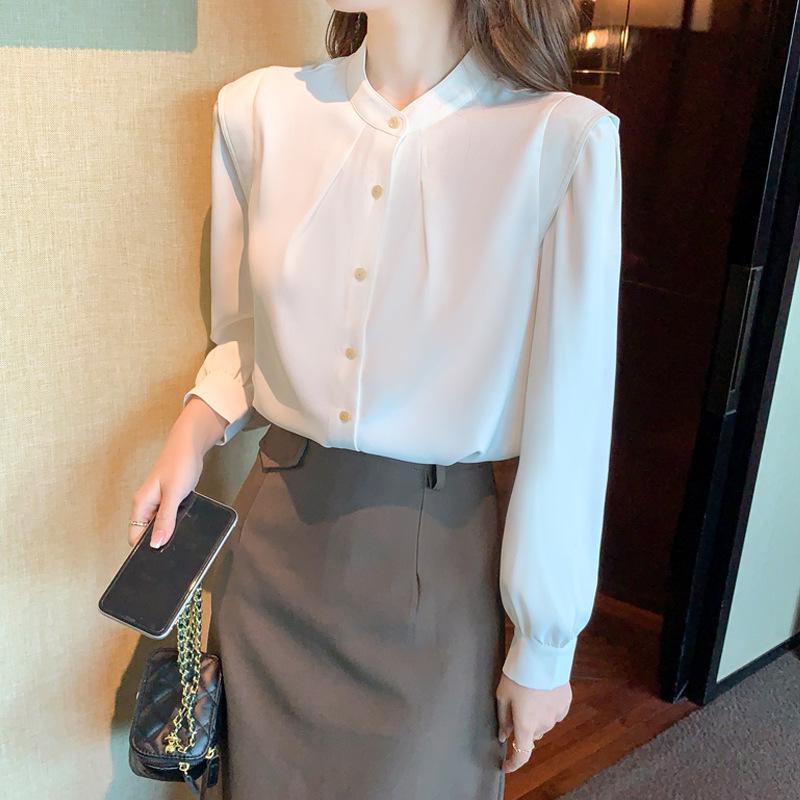 

2024 Осень Корейский стиль Блузка шик из белого шифона с длинными рукавами-воланами и воротником-стойкой XXL белый