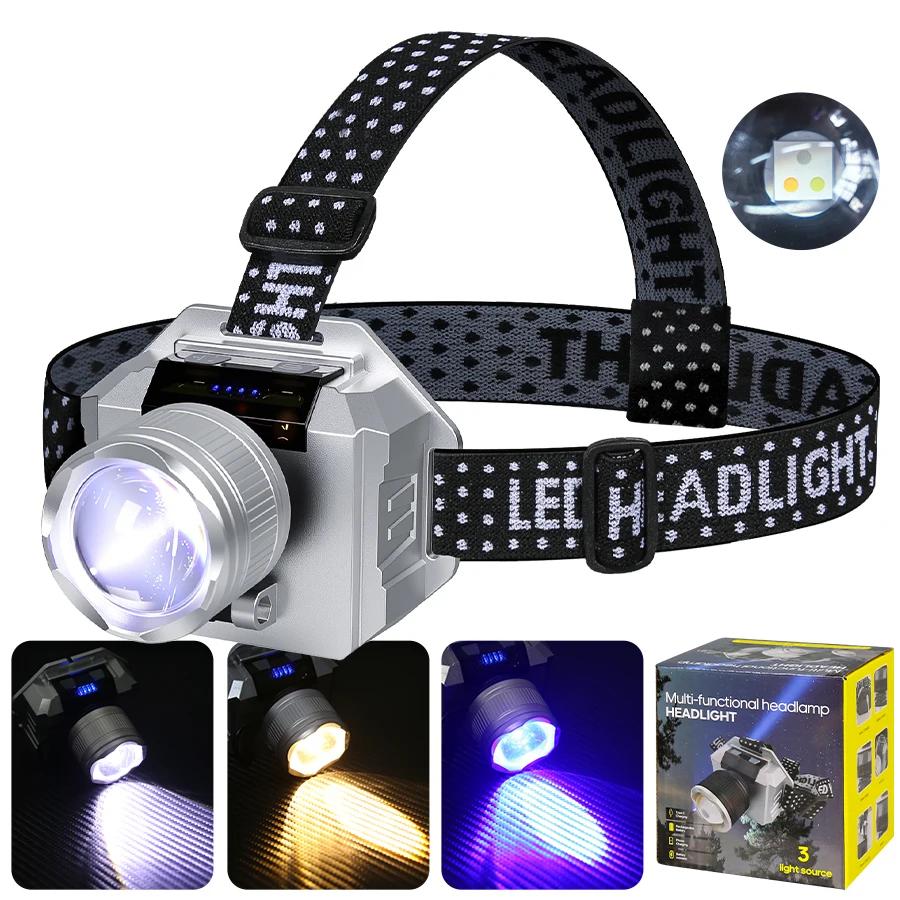 Rechargeable COB Headlamp with Motion Sensor Dual/triple Light Mode Rotating Zoom Focus Type-C Charging for Outdoor Adventures