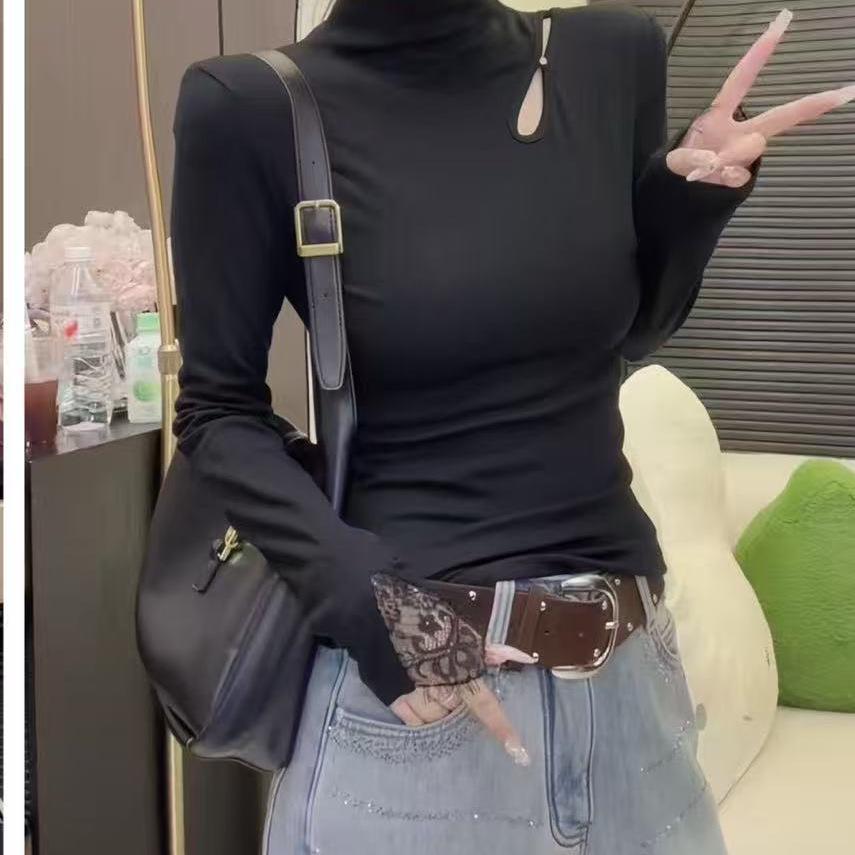 Korean Semi-High Neck Lace Long Sleeve Women s Top - 2025 Autumn/Winter Slimming Brushed Design S чёрный