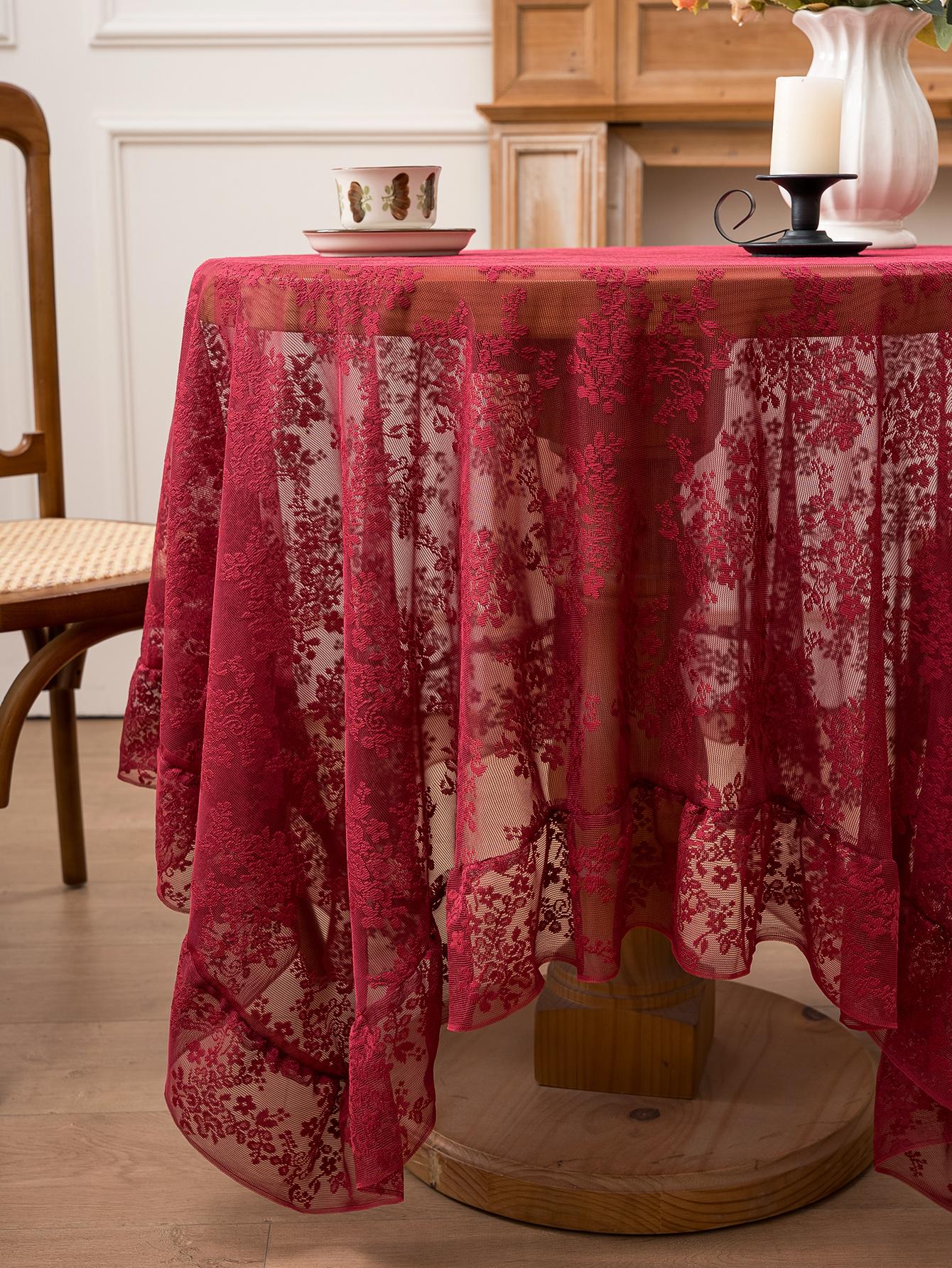 Vintage Bordo Rood Kant Tafelkleed, Rond Tafelkleed met Bloemenborduursel voor Franse Landelijke Eetkamer, Bruiloft, Woondecoratie 140x230cm