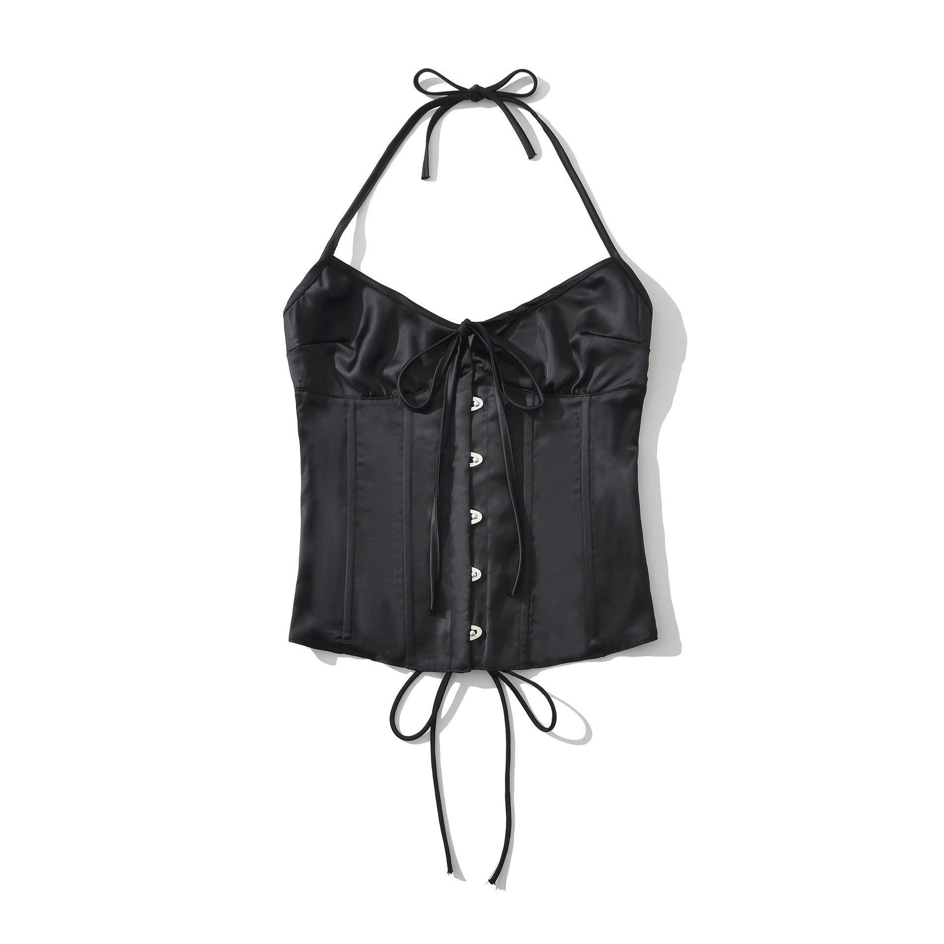 European Satin Solid Color Halter Neck Camisole for Women – Adjustable Tie-Up Back, Sexy and Chic Design Large чёрный