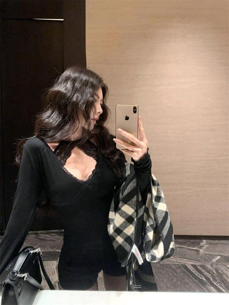 Lace Patchwork Two-Piece Halter Long Sleeve T-shirt for Women - Autumn Slim Fit Short Top