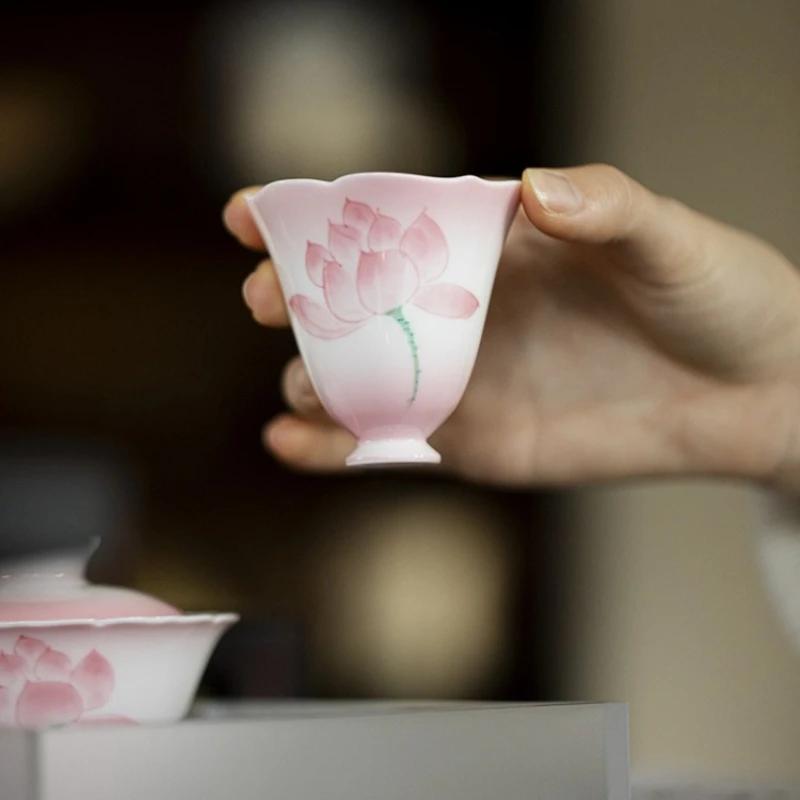 Pink HandPainted Lotus Ceramic Tea Cup Flared Rim Zen Tea Bowl for Kung Fu Ceremony Floral Design HighStem Sipping Cup