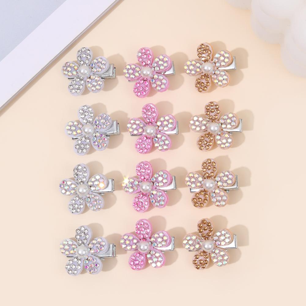 12Pcs Floral Rhinestones Hair Clips Sparkling Flower Hairpins Sweet Elegant Mini Barrette For Girls Women Side Hair Accessories