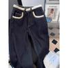 Women's High Rise Wide Leg Jeans Dark Blue Non-Stretch Fleece Lined Furry Patchwork Loose Straight Warm Winter Commuter Long Denim Trousers