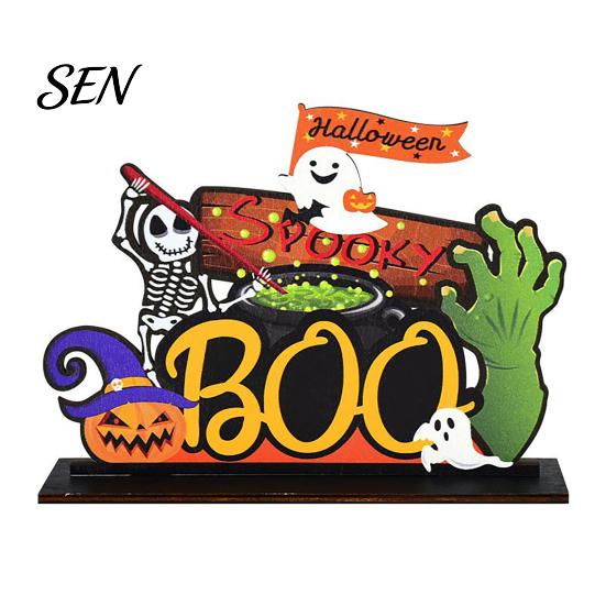 Cartoon Style Halloween Figures Tabletop Decor Signs, Pumpkin Ghost Gnome Wood Centerpiece Blocks, Spooky Durable Color Printing Party Tiered