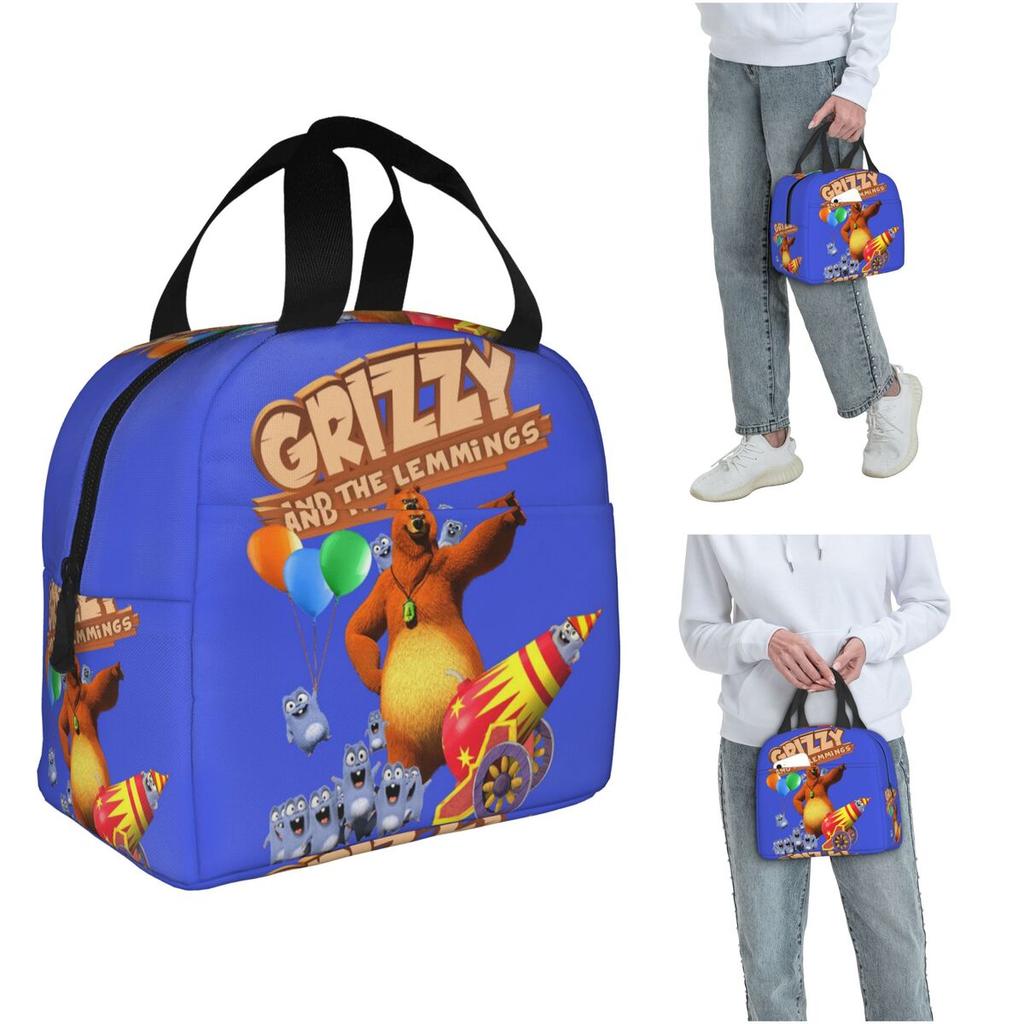 Grizzy und die Lemminge Zeichentrick Anime Isolierte Lunchtasche für Damen Kinder Tragbare Lebensmittelboxen Thermische Lunchbox Tragetasche