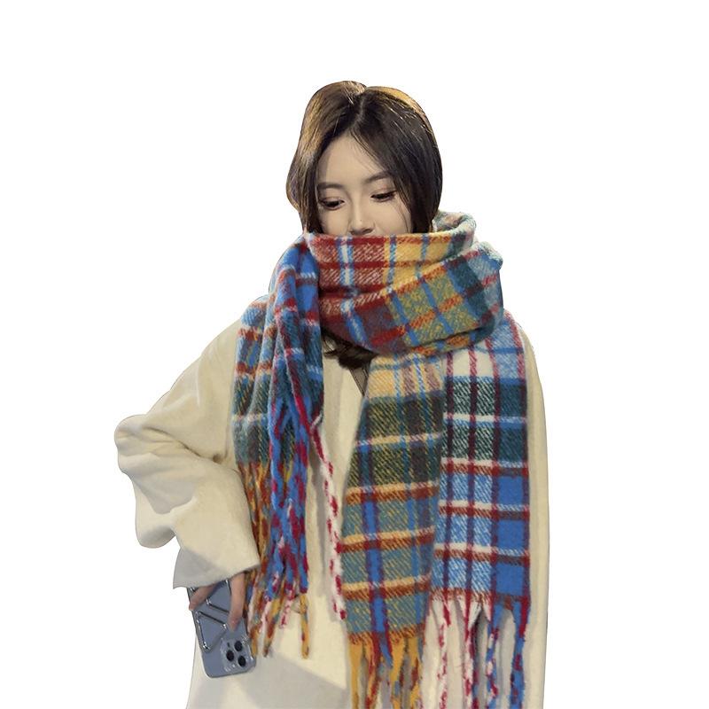Korean Version Autumn and Winter Rainbow Plaid Imitation Cashmere Scarf Female Student Couple Mohair Warm Scarf Long Shawl